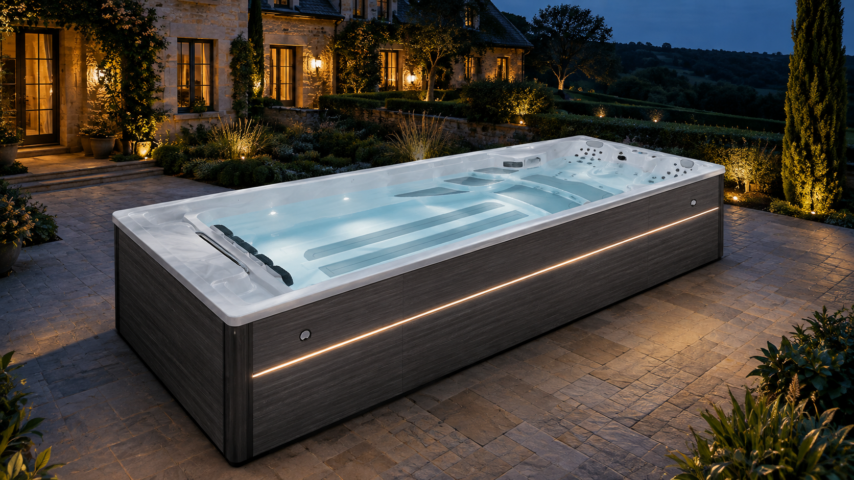 Вечерняя визуализация AQUAVITA TURBO 580 в саду с подсветкой